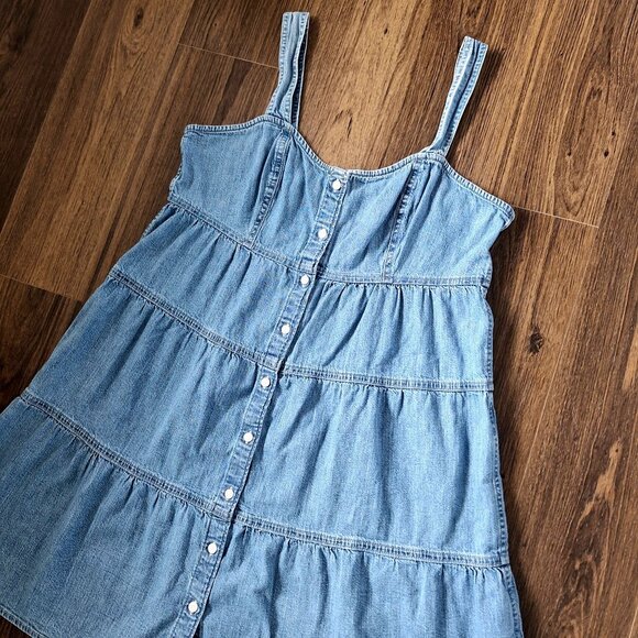 💙 Levi's Denim Jean Tiered Dress Size L 100% Cotton Western Coastal Cowgirl Cou - Picture 4 of 8